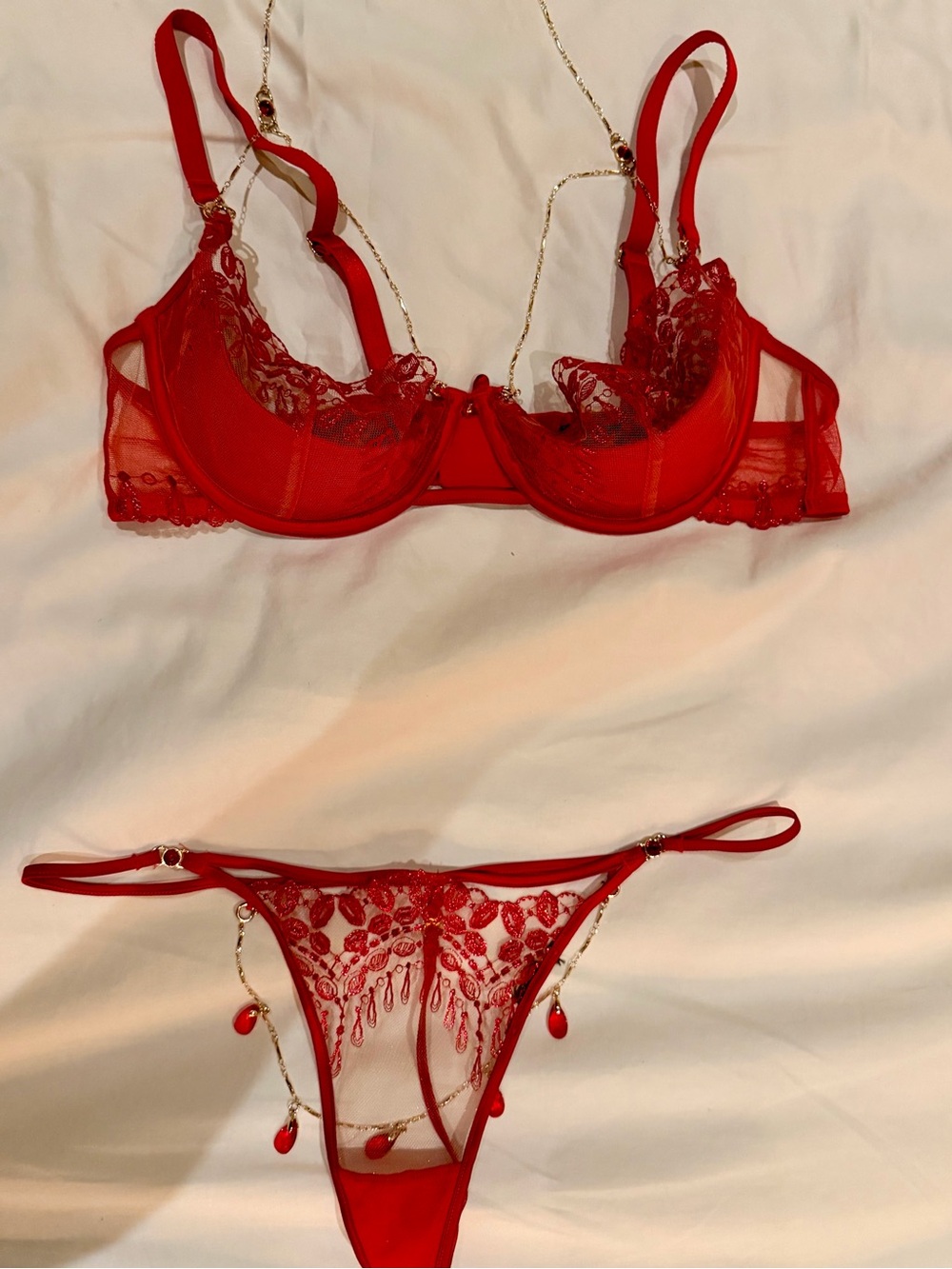 Honey Birdette Red Bra & Thong with jewelry, gemstones and red lip embroidery